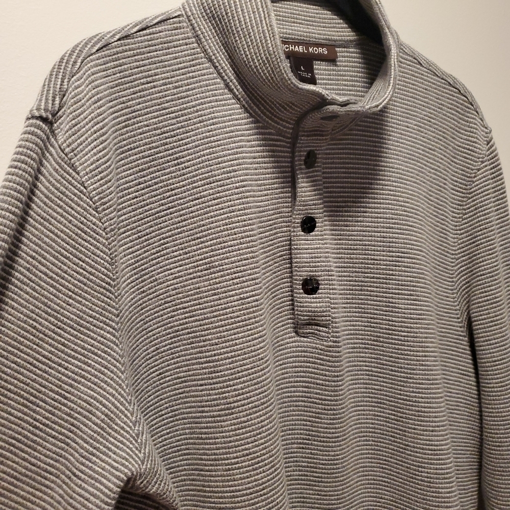 Michael Kors Gray Stripe Men's Snap Button‎ Pullover Sweater Large - Picture 6 of 12